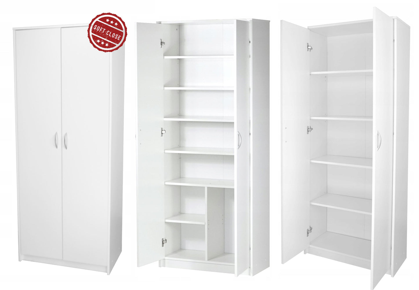 Schrank Mehrzweckschrank mit SOFT CLOSE Türdämpfer (optional) weiß 74cm Breite 180cm Höhe mit vier oder sechs Einlegeböden, Aktenschrank Haushaltsschrank Organizer aus MDF Holz