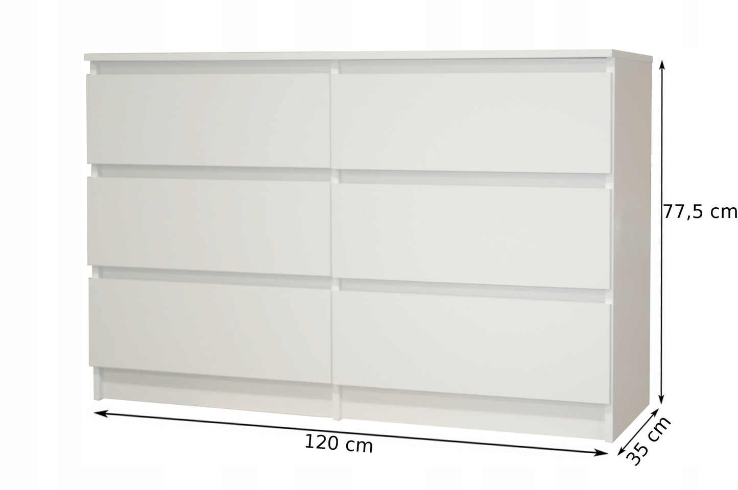 Kommode weiß mit sechs Schubladen, Schlafzimmer Flur, Schrank, Sideboard, Highboard, Breite 100 oder 120 cm Höhe 77cm