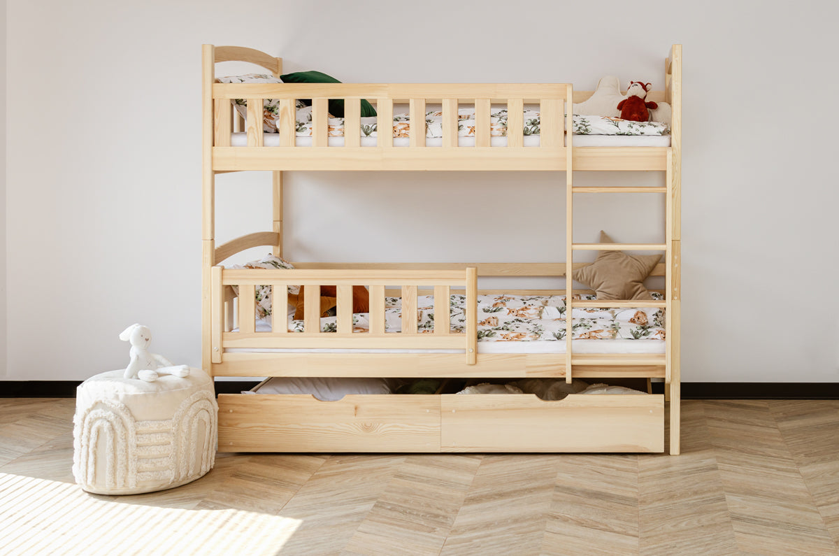 Hochbett 90x200 cm Etagenbett mit zwei Schubladen, Lattenrost, Rausfallschutz, umbaubar in zwei Einzelbetten, aus Vollholz massiv, Funktionsbett