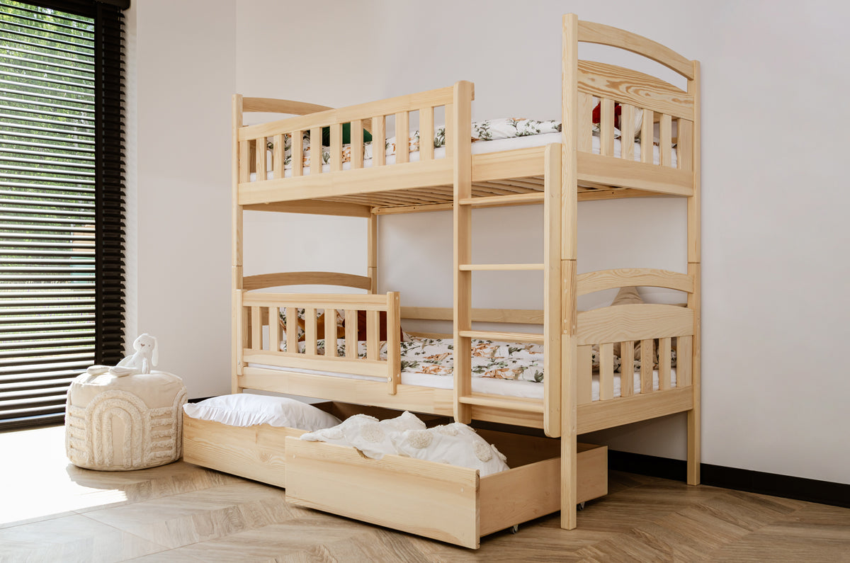 Hochbett 90x200 cm Etagenbett mit zwei Schubladen, Lattenrost, Rausfallschutz, umbaubar in zwei Einzelbetten, aus Vollholz massiv, Funktionsbett