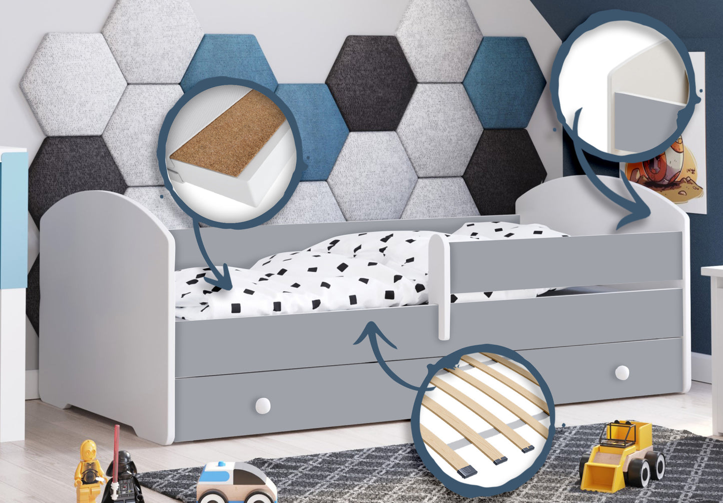 Kids Collective Kinderbett 70x140 / 80x160 Komplett Set inkl. Matratze, Lattenrost, Schublade & Rausfallschutz | Einzelbett für Kinder von 2 – 10 Jahren | weiß mit wählbarem Motiv