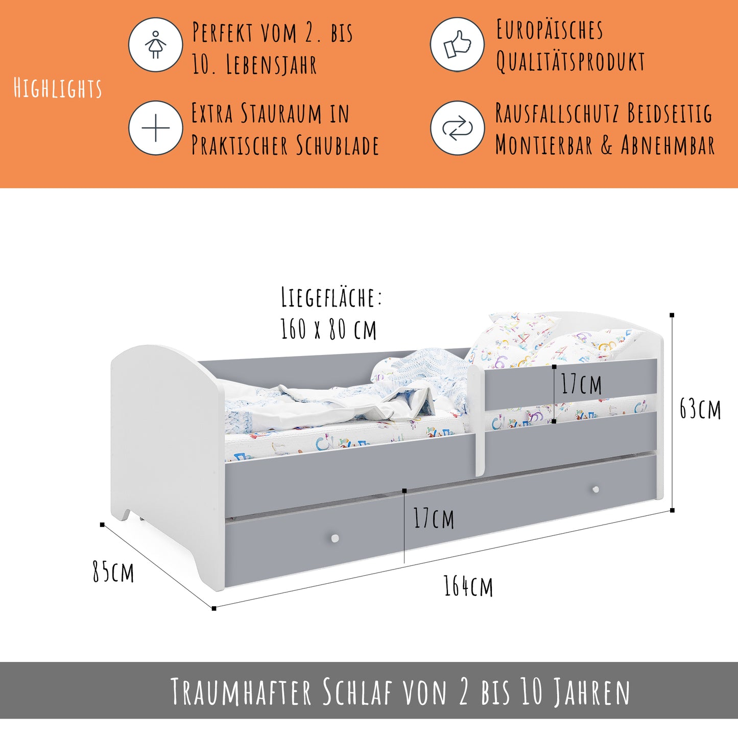 Kids Collective Kinderbett 70x140 / 80x160 Komplett Set inkl. Matratze, Lattenrost, Schublade & Rausfallschutz | Einzelbett für Kinder von 2 – 10 Jahren | weiß mit wählbarem Motiv