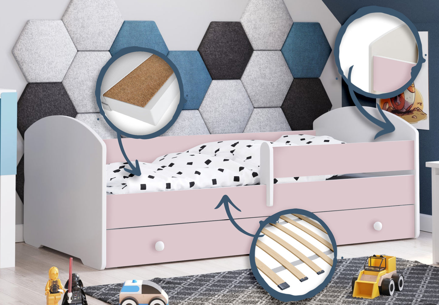 Kids Collective Kinderbett 70x140 / 80x160 Komplett Set inkl. Matratze, Lattenrost, Schublade & Rausfallschutz | Einzelbett für Kinder von 2 – 10 Jahren | weiß mit wählbarem Motiv