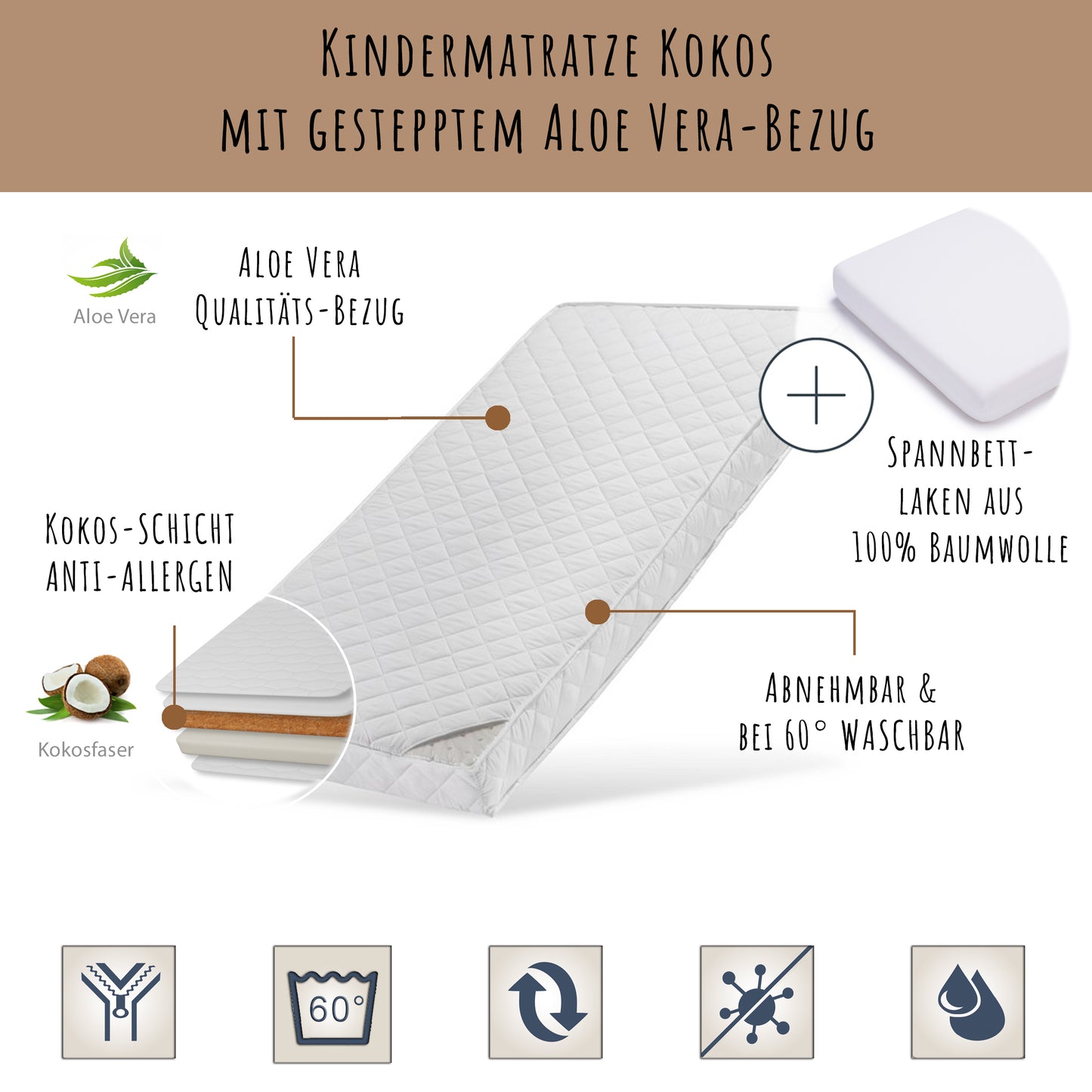 Kindermatratze 60x120 | 70x140 | 80x160 | 80x180 | 90x200 cm KOKOS mit gestepptem Aloe Vera-Bezug und Spannbettlaken (optional), 10 cm hoch, Babymatratze Kindermatratze Kokos-Matratze für Babybett oder Kinderbett,Körpergewicht bis 60kg