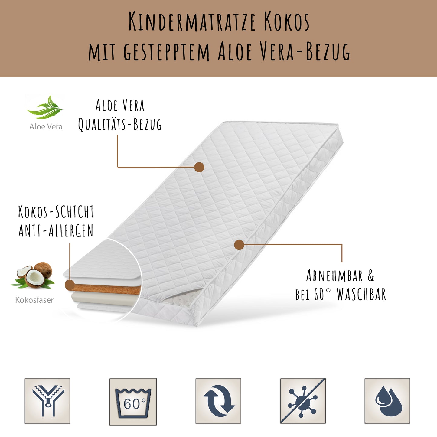 Kindermatratze 60x120 | 70x140 | 80x160 | 80x180 | 90x200 cm KOKOS mit gestepptem Aloe Vera-Bezug und Spannbettlaken (optional), 10 cm hoch, Babymatratze Kindermatratze Kokos-Matratze für Babybett oder Kinderbett,Körpergewicht bis 60kg
