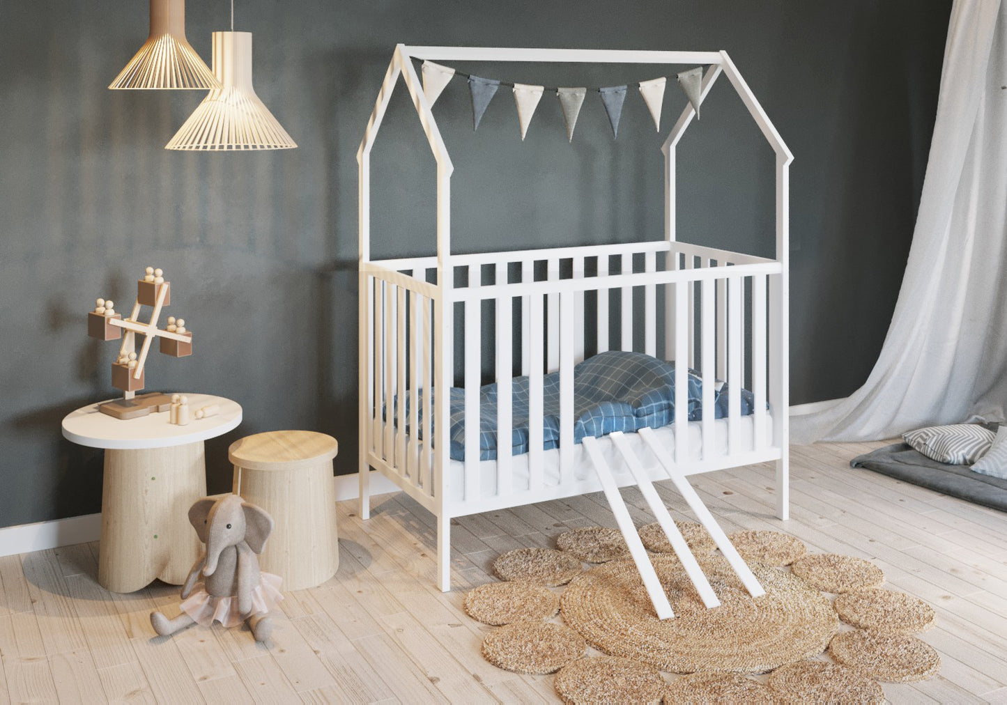 Babybett Hausbett Gitterbett 60x120 | 70x140 cm höhenverstellbar & herausnehmbare Sprossen mit Matratze (optional) | weiss sehr stabil Made in Europe 140 x 70