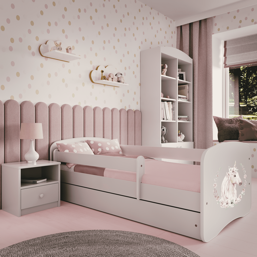 Kinderbett 80x160 | 180x80 cm mit Matratze (optional), Rausfallschutz, Lattenrost & Schublade in weiß mit Einhorn, Pferd, Feuerwehr oder Fee Motiv Mädchen Bett