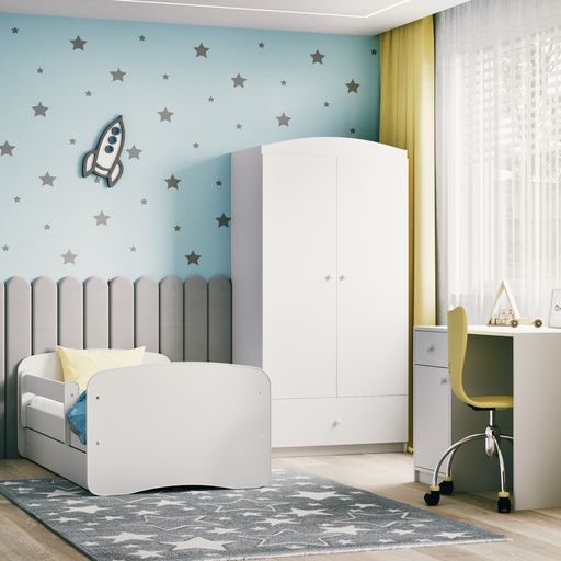 Kinderbett 80x160 und 180x80 cm mit Matratze (optional), Rausfallschutz, Lattenrost & Schublade in weiß mit Einhorn, Pferd, Feuerwehr oder Fee Motiv Mädchen Bett