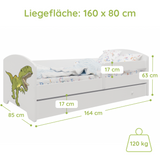 Lit enfant 70x140 | 80x160 cm avec matelas et tiroir, protection antichute &amp; sommier à lattes en blanc et avec motifs (pompiers, police, princesse, dinosaure...) pour garçons et filles