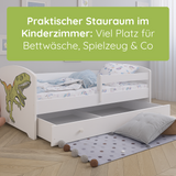 Lit enfant 70x140 | 80x160 cm avec matelas et tiroir, protection antichute &amp; sommier à lattes en blanc et avec motifs (pompiers, police, princesse, dinosaure...) pour garçons et filles