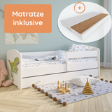 Lit enfant 70x140 | 80x160 cm avec matelas et tiroir, protection antichute &amp; sommier à lattes en blanc et avec motifs (pompiers, police, princesse, dinosaure...) pour garçons et filles