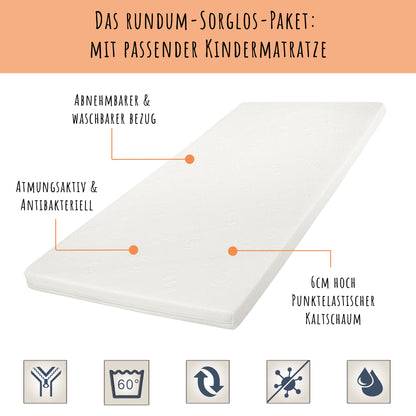 Lit enfant 80x160 | 80x180 | 90x200 cm avec matelas (en option), tiroir, protection antichute et sommier à lattes en 5 couleurs