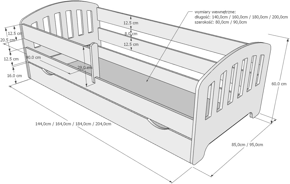 Lit enfant 80x160 | 80x180 | 90x200 cm avec matelas (en option), tiroir, protection antichute et sommier à lattes en 5 couleurs