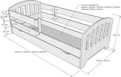 Lit enfant 80x160 | 80x180 | 90x200 cm avec matelas (en option), tiroir, protection antichute et sommier à lattes en 5 couleurs