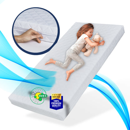 Matelas enfant SMART, matelas bébé 60x120 | 70x140 | 80x160 | 80x180 | 90x190 | 90x200 cm avec housse amovible, lavable à 60°C pour lit enfant, certifié eco5, poids corporel jusqu'à 60kg