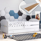 Lit enfant 70x140 | 80x160 cm avec matelas et tiroir, protection antichute &amp; sommier à lattes en blanc et avec motifs (pompiers, police, princesse, dinosaure...) pour garçons et filles