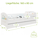 Lit enfant 70x140 | 80x160 cm avec matelas et tiroir, protection antichute &amp; sommier à lattes en blanc et avec motifs (pompiers, police, princesse, dinosaure...) pour garçons et filles