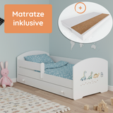 Lit enfant 70x140 | 80x160 cm avec matelas et tiroir, protection antichute &amp; sommier à lattes en blanc et avec motifs (pompiers, police, princesse, dinosaure...) pour garçons et filles