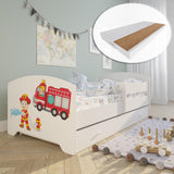 Lit enfant 70x140 | 80x160 cm avec matelas et tiroir, protection antichute &amp; sommier à lattes en blanc et avec motifs (pompiers, police, princesse, dinosaure...) pour garçons et filles