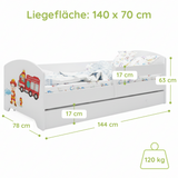 Lit enfant 70x140 | 80x160 cm avec matelas et tiroir, protection antichute &amp; sommier à lattes en blanc et avec motifs (pompiers, police, princesse, dinosaure...) pour garçons et filles