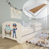 Lit enfant 70x140 | 80x160 cm avec matelas et tiroir, protection antichute &amp; sommier à lattes en blanc et avec motifs (pompiers, police, princesse, dinosaure...) pour garçons et filles