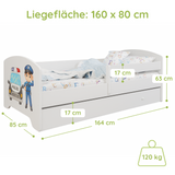 Lit enfant 70x140 | 80x160 cm avec matelas et tiroir, protection antichute &amp; sommier à lattes en blanc et avec motifs (pompiers, police, princesse, dinosaure...) pour garçons et filles