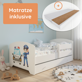 Lit enfant 70x140 | 80x160 cm avec matelas et tiroir, protection antichute &amp; sommier à lattes en blanc et avec motifs (pompiers, police, princesse, dinosaure...) pour garçons et filles