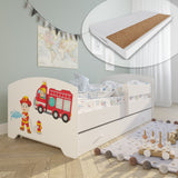 Lit enfant 70x140 | 80x160 cm avec matelas et tiroir, protection antichute &amp; sommier à lattes en blanc et avec motifs (pompiers, police, princesse, dinosaure...) pour garçons et filles