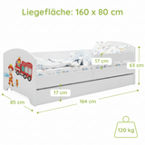 Lit enfant 70x140 | 80x160 cm avec matelas et tiroir, protection antichute &amp; sommier à lattes en blanc et avec motifs (pompiers, police, princesse, dinosaure...) pour garçons et filles