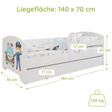 Lit enfant 70x140 | 80x160 cm avec matelas et tiroir, protection antichute &amp; sommier à lattes en blanc et avec motifs (pompiers, police, princesse, dinosaure...) pour garçons et filles