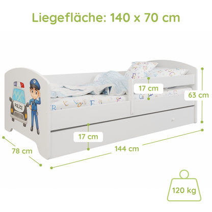 Kids Collective Kinderbett 70x140 / 80x160 Komplett Set inkl. Matratze, Lattenrost, Schublade & Rausfallschutz | Einzelbett für Kinder von 2 – 10 Jahren | weiß mit wählbarem Motiv