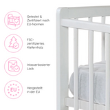Babybett Kinderbett 60x120 Gitterbett Baby Bett Komplett-Set mit Matratze Beistellbett mitwachsend, Lattenrost höhenverstellbar mit abnehmbaren Sprossen, mit Schublade | weiß Kiefer-Vollholz