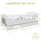 Lit enfant 70x140 | 80x160 cm avec matelas et tiroir, protection antichute &amp; sommier à lattes en blanc et avec motifs (pompiers, police, princesse, dinosaure...) pour garçons et filles
