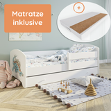 Lit enfant 70x140 | 80x160 cm avec matelas et tiroir, protection antichute &amp; sommier à lattes en blanc et avec motifs (pompiers, police, princesse, dinosaure...) pour garçons et filles