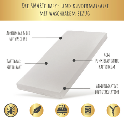 Matelas enfant SMART, matelas bébé 60x120 | 70x140 | 80x160 | 80x180 | 90x190 | 90x200 cm avec housse amovible, lavable à 60°C pour lit enfant, certifié eco5, poids corporel jusqu'à 60kg