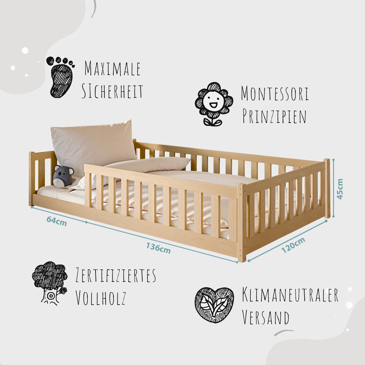 Kinderbett Bodenbett 90x200 | 120x200 | 140x200cm Bett mit Rausfallschutz & Lattenrost Montessori Bett Bed Gitterbett Kinder Jugendbett Einzelbett optional mit Matratze | weiß oder natur Kiefer Holz massiv Junge Mädchen