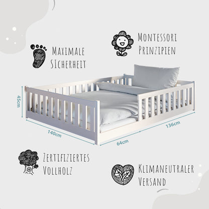 Lit enfant lit au sol 90x200 | 120x200 | Lit 140x200cm avec protection contre les chutes et sommier à lattes Lit Montessori Lit d'enfant Lit d'adolescent Lit simple en option avec matelas bois de pin blanc ou naturel massif garçon fille