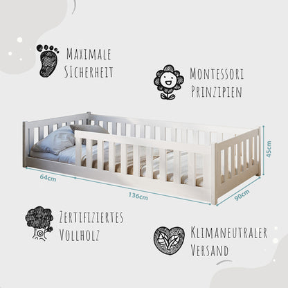 Lit enfant lit au sol 90x200 | 120x200 | Lit 140x200cm avec protection contre les chutes et sommier à lattes Lit Montessori Lit d'enfant Lit d'adolescent Lit simple en option avec matelas bois de pin blanc ou naturel massif garçon fille