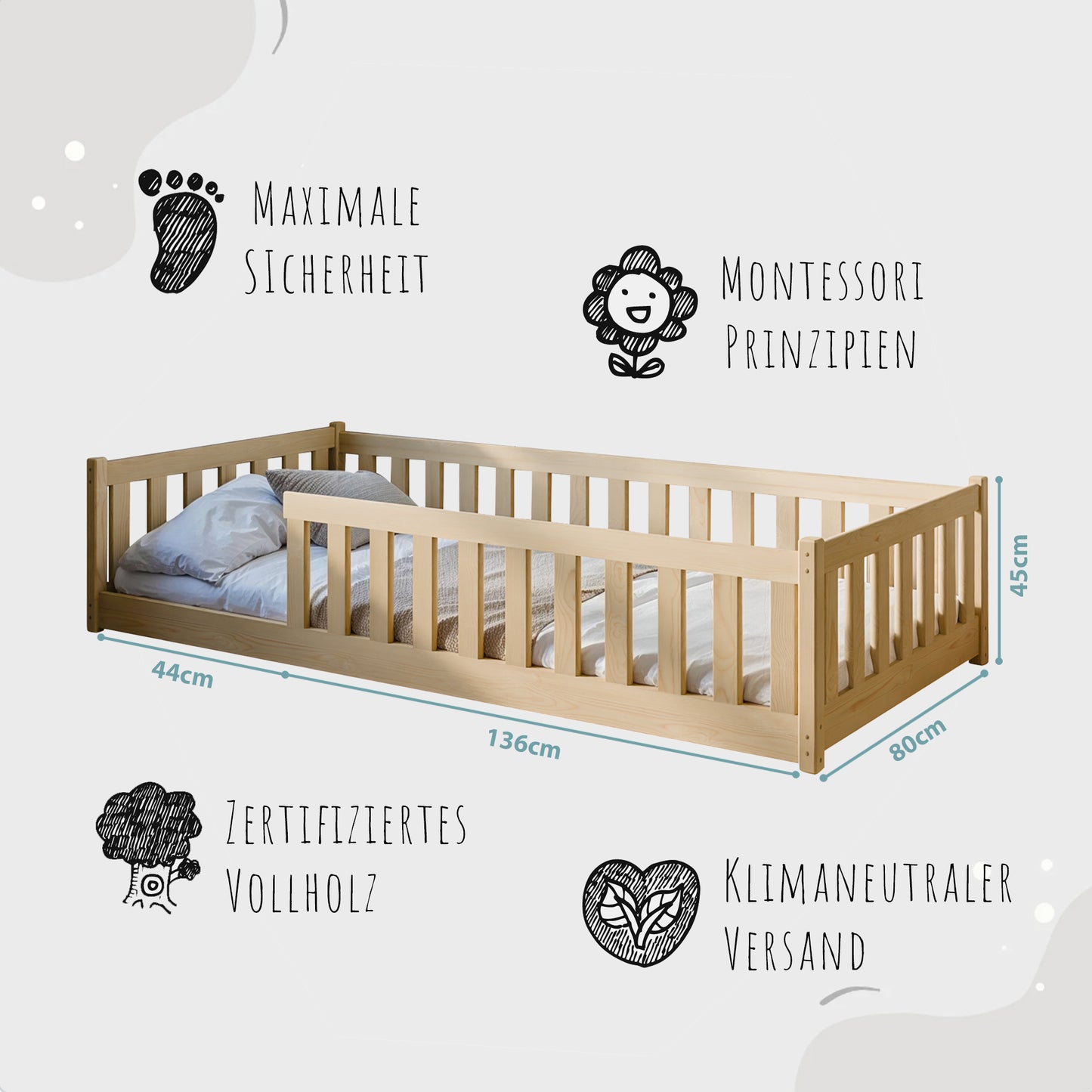 Kinderbett Bodenbett 90x200 | 120x200 | 140x200cm Bett mit Rausfallschutz & Lattenrost Montessori Bett Bed Gitterbett Kinder Jugendbett Einzelbett optional mit Matratze | weiß oder natur Kiefer Holz massiv Junge Mädchen