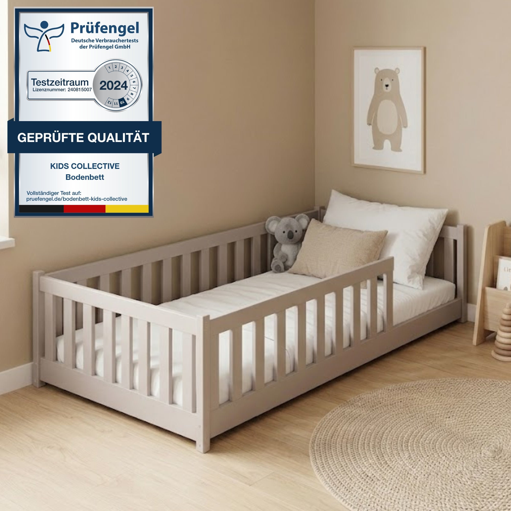 Kinderbett Bodenbett 80x160 | 80x180 | 90x190 | 90x200 | 120x200 | 140x200 cm Bett mit Rausfallschutz & Lattenrost Montessori Bett Gitterbett Kinder Jugendbett Einzelbett optional mit Matratze | Kiefer Holz massiv Junge Mädchen