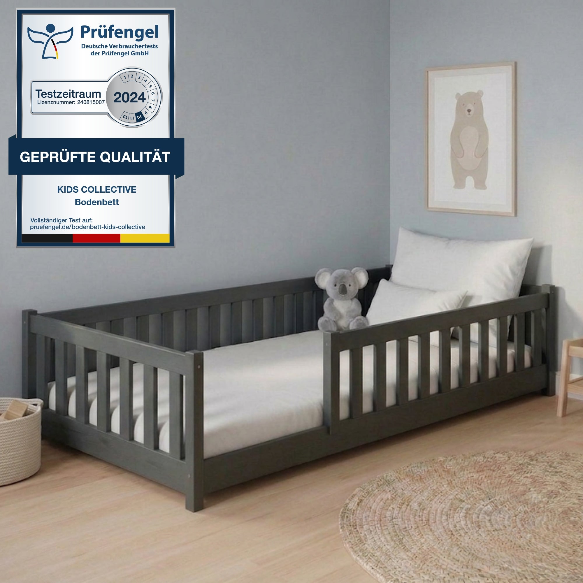 Kinderbett Bodenbett 80x160 | 80x180 | 90x190 | 90x200 | 120x200 | 140x200 cm Bett mit Rausfallschutz & Lattenrost Montessori Bett Gitterbett Kinder Jugendbett Einzelbett optional mit Matratze | Kiefer Holz massiv Junge Mädchen