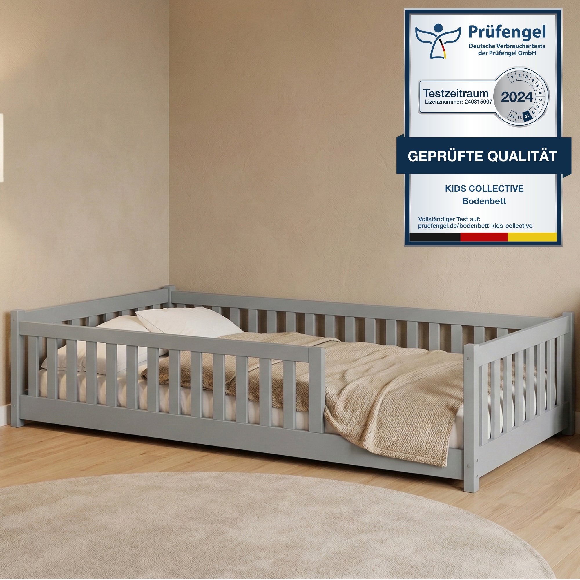 Kinderbett Bodenbett 80x160 | 80x180 | 90x190 | 90x200 | 120x200 | 140x200 cm Bett mit Rausfallschutz & Lattenrost Montessori Bett Gitterbett Kinder Jugendbett Einzelbett optional mit Matratze | Kiefer Holz massiv Junge Mädchen