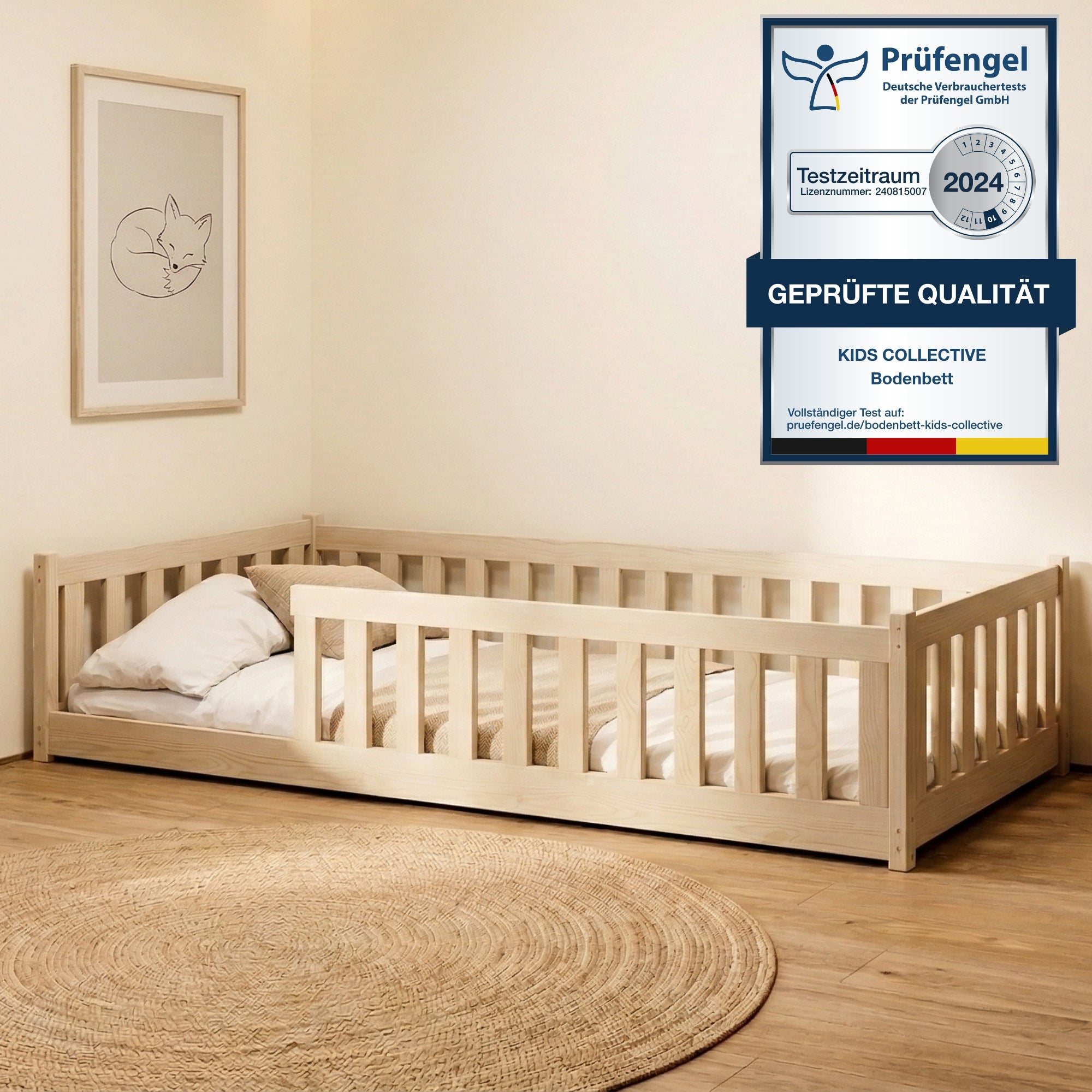 Kinderbett Bodenbett 80x160 | 80x180 | 90x190 | 90x200 | 120x200 | 140x200 cm Bett mit Rausfallschutz & Lattenrost Montessori Bett Gitterbett Kinder Jugendbett Einzelbett optional mit Matratze | Kiefer Holz massiv Junge Mädchen