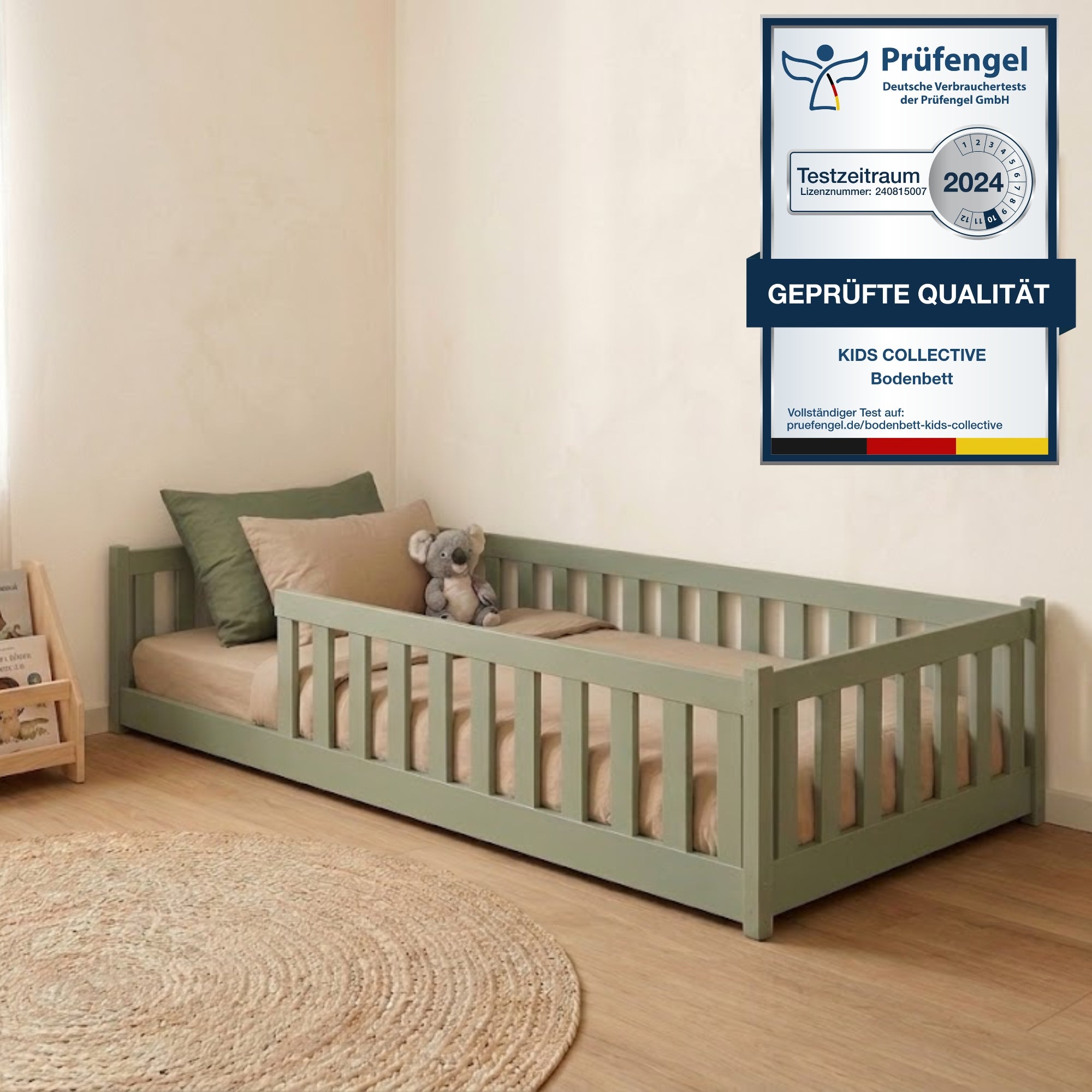 Kinderbett Bodenbett 80x160 | 80x180 | 90x190 | 90x200 | 120x200 | 140x200 cm Bett mit Rausfallschutz & Lattenrost Montessori Bett Gitterbett Kinder Jugendbett Einzelbett optional mit Matratze | Kiefer Holz massiv Junge Mädchen