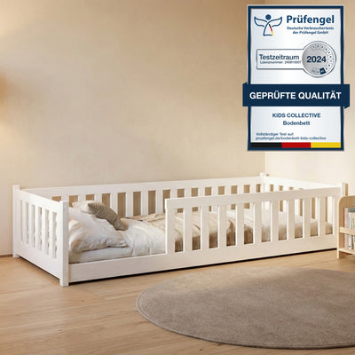 Kinderbett Bodenbett 80x160 | 80x180 | 90x190 | 90x200 | 120x200 | 140x200 cm Bett mit Rausfallschutz & Lattenrost Montessori Bett Gitterbett Kinder Jugendbett Einzelbett optional mit Matratze | Kiefer Holz massiv Junge Mädchen