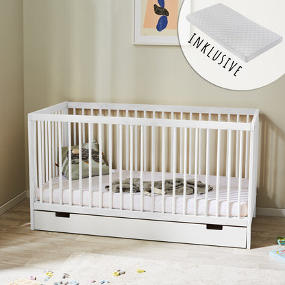 Lit bébé lit bébé 60x120 | Barreaux de 70 x 140 cm réglables en hauteur et amovibles, en option avec tiroir et matelas | Bois de hêtre blanc ou naturel très stable Fabriqué en Europe