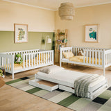 Hochbett 80x180 | 90x200 cm mit Ausziehbett Etagenbett mit Ausziehfunktion, zwei Schubladen, Lattenrost, extra hoher Rausfallschutz, umbaubar in 3 Einzelbetten, Vollholz massiv in weiss