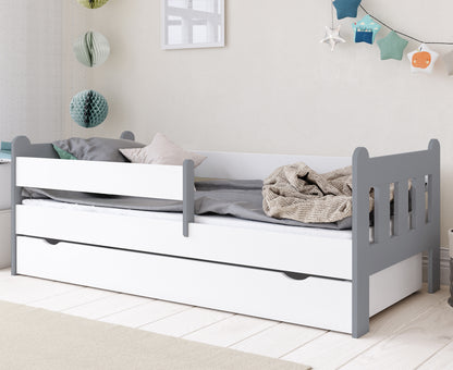 Lit enfant 90x200 | 80x180 | 80x160 cm avec matelas (en option), tiroir, protection antichute et sommier à lattes dans lit garçon fille blanc