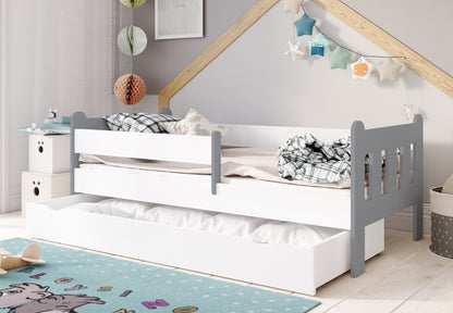 Kinderbett 90x200 | 80x180 | 80x160 cm mit Matratze (optional), Schublade, Rausfallschutz & Lattenrost in weiß Mädchen Jungen Bett