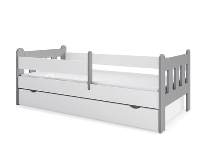 Lit enfant 90x200 | 80x180 | 80x160 cm avec matelas (en option), tiroir, protection antichute et sommier à lattes dans lit garçon fille blanc